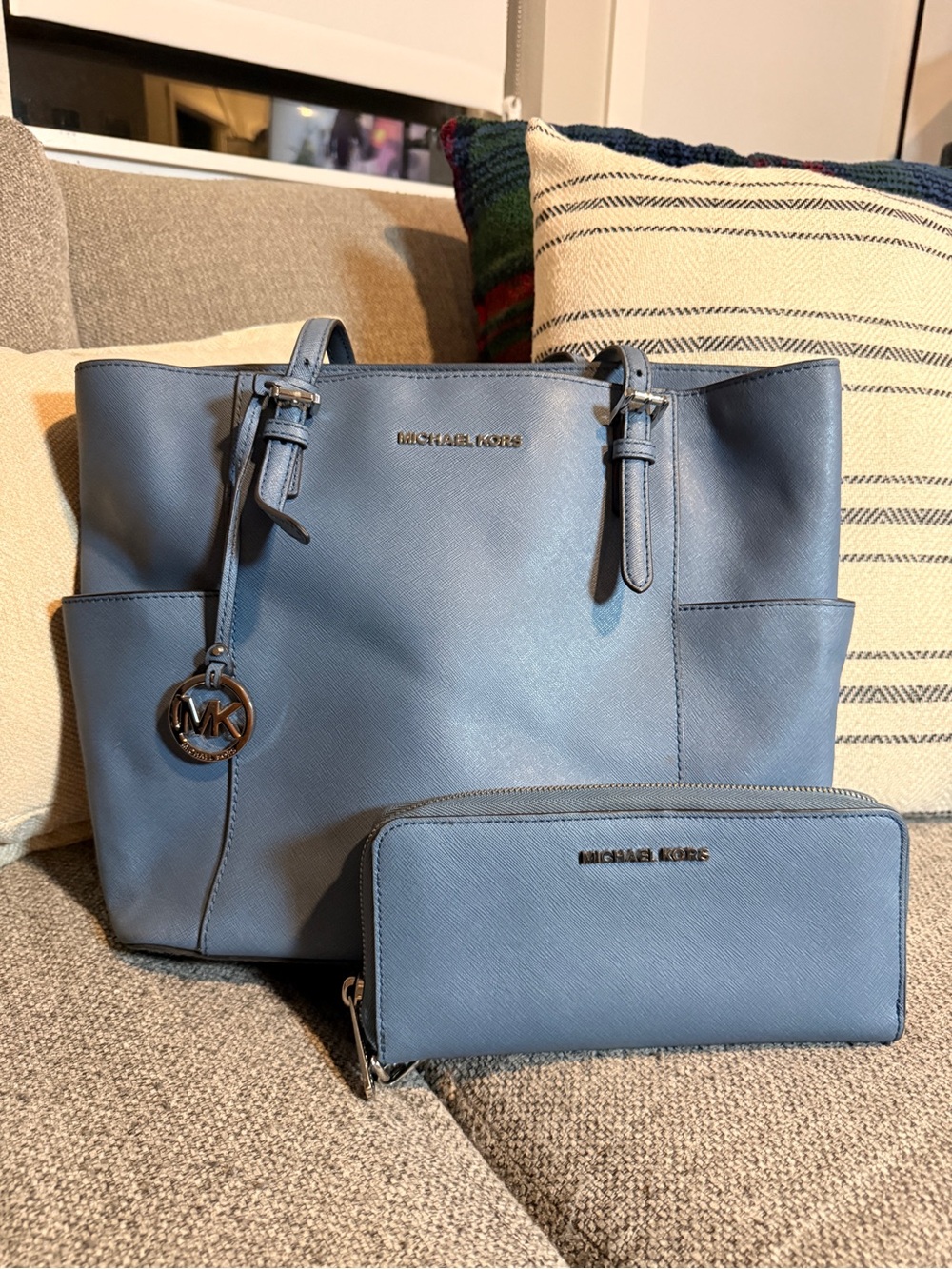 Michael Kors Light Blue Saffiano Leather Tote with Matching Wallet